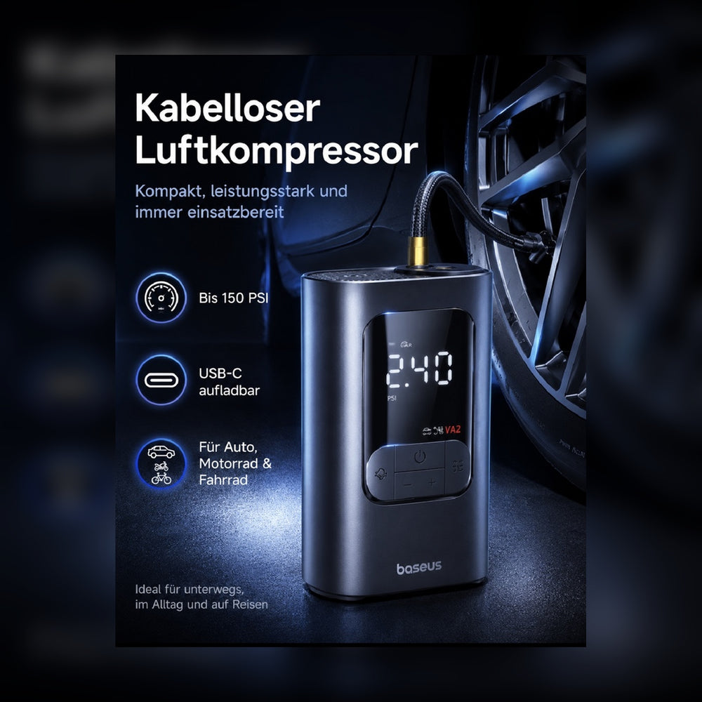 Baseus Kabelloser Luftkompressor – LCD Reifenpumpe für Auto, Motorrad, Fahrrad & Bälle