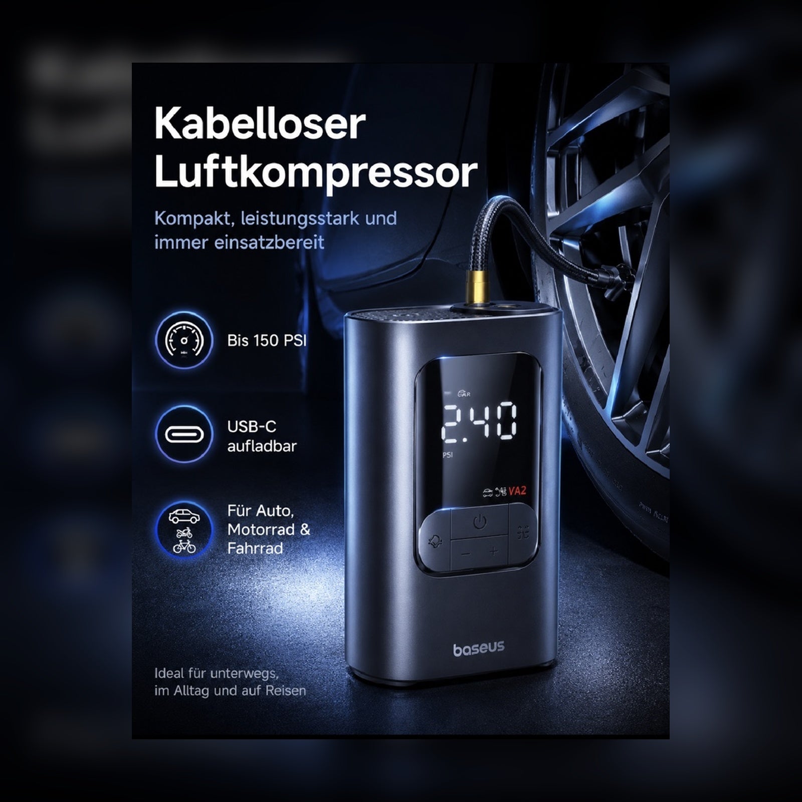 Baseus Kabelloser Luftkompressor – LCD Reifenpumpe für Auto, Motorrad, Fahrrad & Bälle
