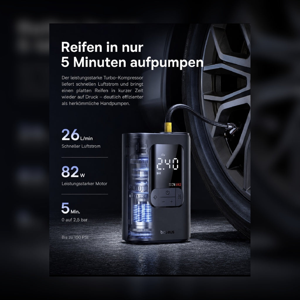 Baseus Kabelloser Luftkompressor – LCD Reifenpumpe für Auto, Motorrad, Fahrrad & Bälle