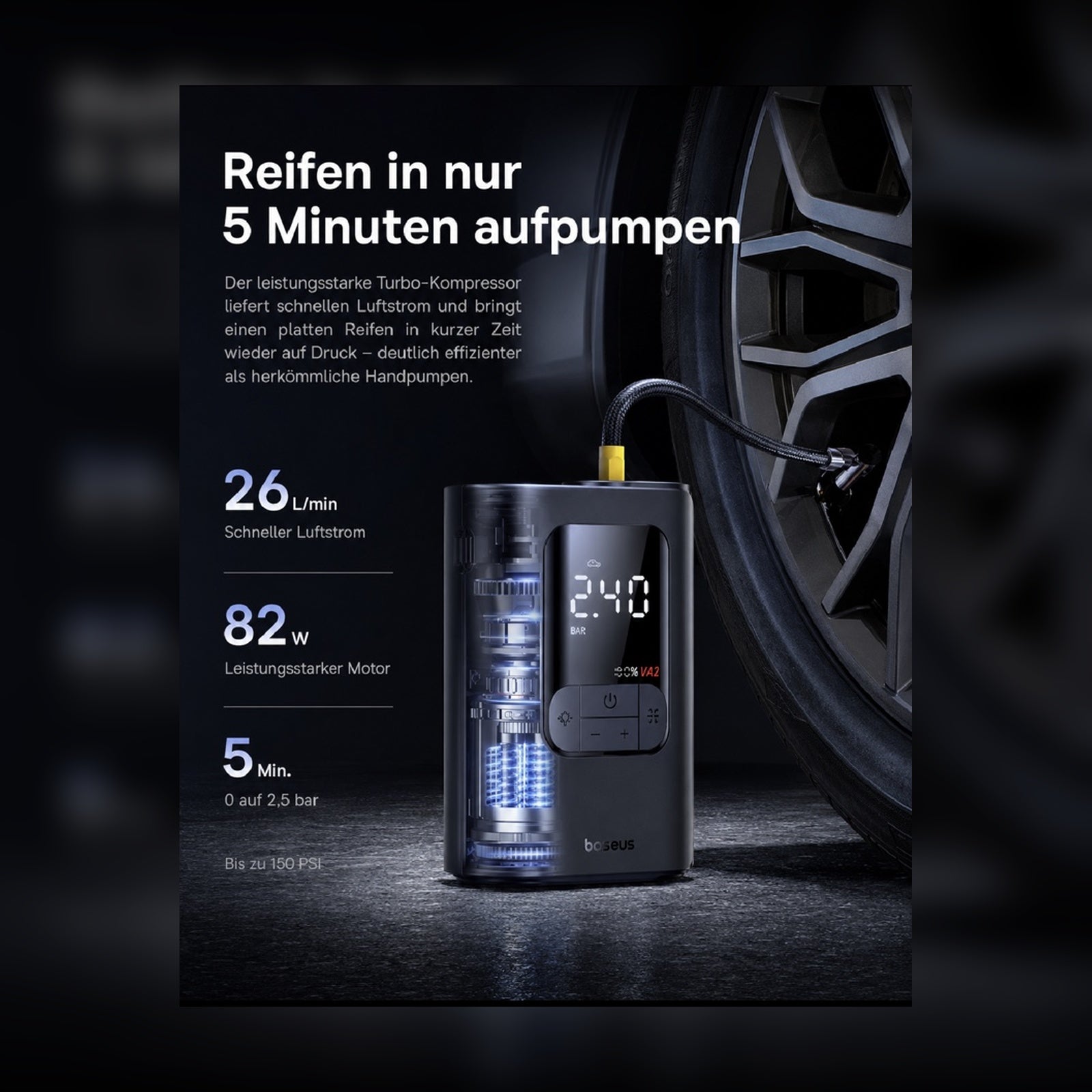 Baseus Kabelloser Luftkompressor – LCD Reifenpumpe für Auto, Motorrad, Fahrrad & Bälle